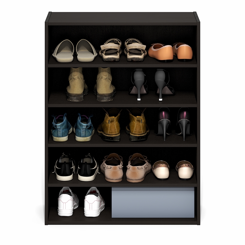 Pemberly Row 5-Tier Stackable Shoe Rack for Closet Entryway in Black Dark Oak
