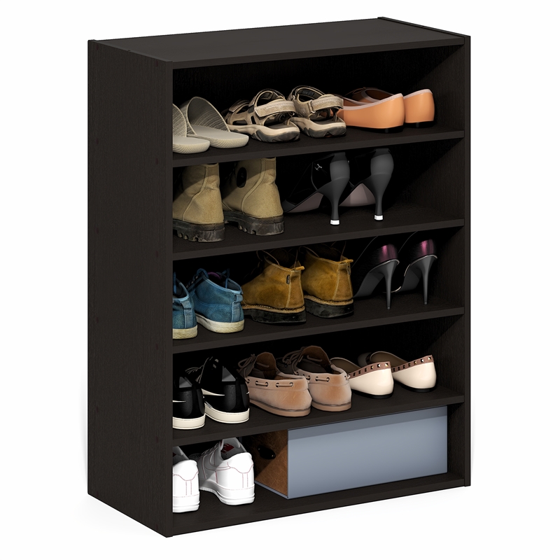 Pemberly Row 5-Tier Stackable Shoe Rack for Closet Entryway in Black Dark Oak