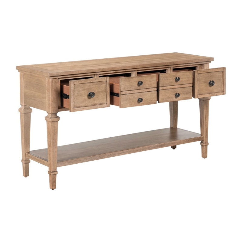 Pemberly Row Sofa Table with 4 Storage Drawers and Shelf in Brown