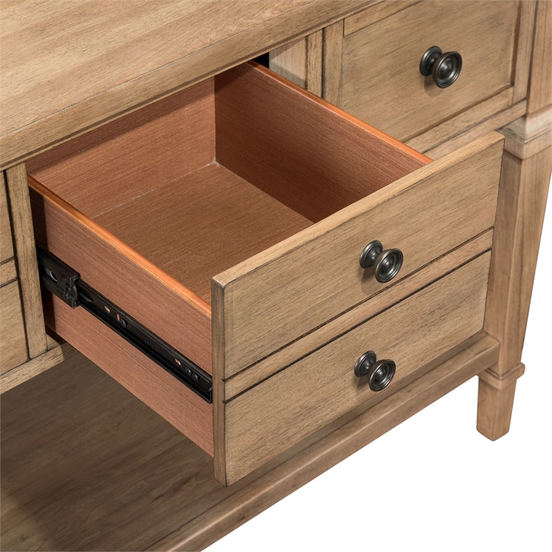 Pemberly Row Sofa Table with 4 Storage Drawers and Shelf in Brown