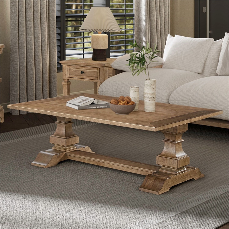 Pemberly Row Rectangular Cocktail Table with Double Pedestals in Brown