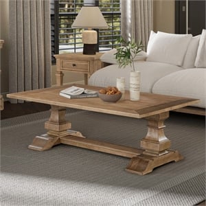 Pemberly Row Rectangular Cocktail Table with Double Pedestals in Brown