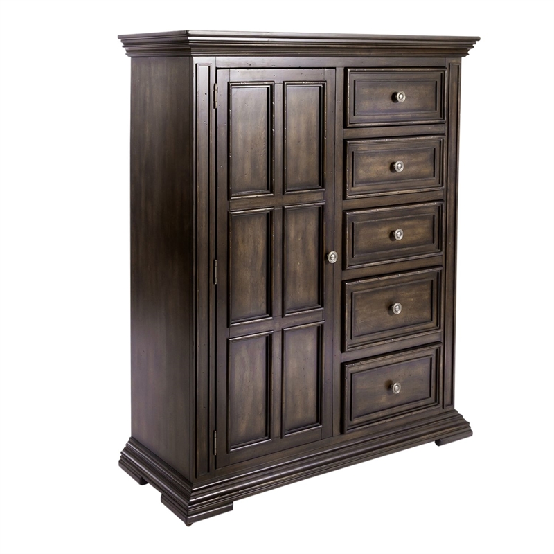 Pemberly Row Door Chest with 5 Drawers and 3 Adjustable Shelves in Brown