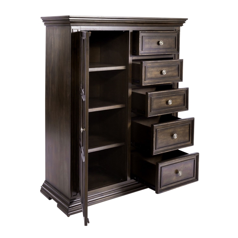 Pemberly Row Door Chest with 5 Drawers and 3 Adjustable Shelves in Brown