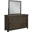 Pemberly Row Full Panel Bed Dresser and Mirror Set with Barn Door in Gray