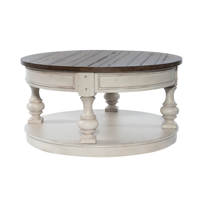 Pemberly Row Round Cocktail Table with Nailhead Accents and Shelf in White