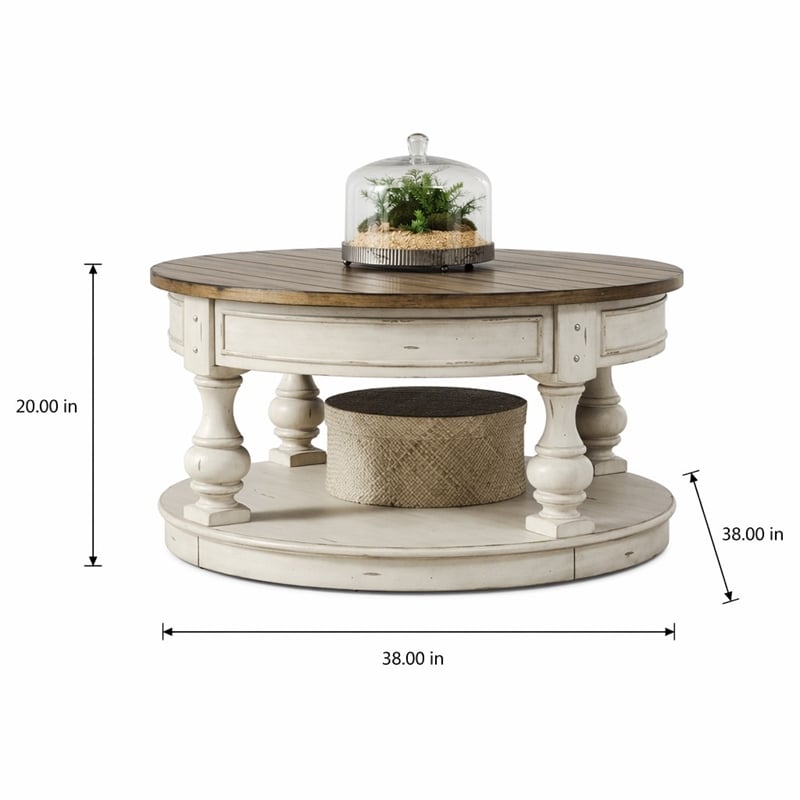 Pemberly Row Round Cocktail Table with Nailhead Accents and Shelf in White