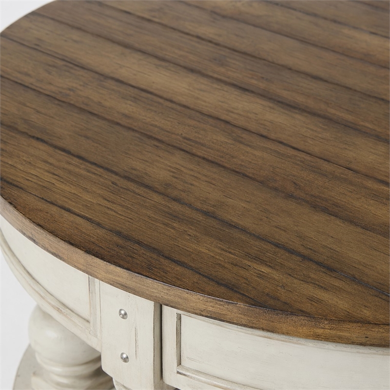 Pemberly Row Round Cocktail Table with Nailhead Accents and Shelf in White