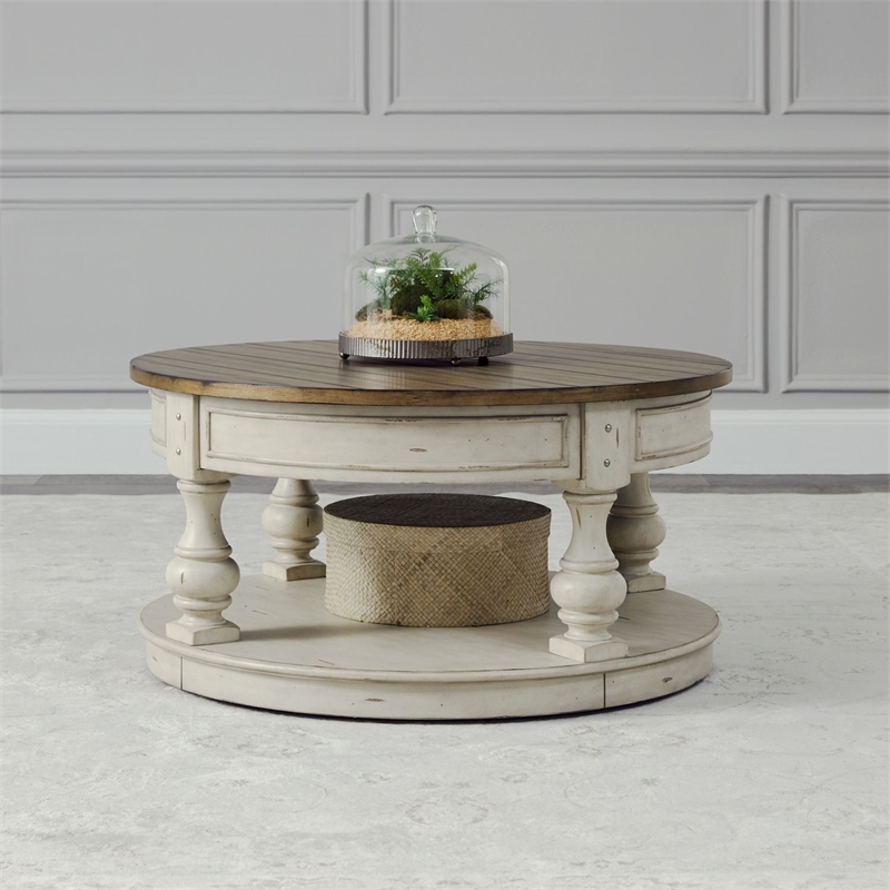 Pemberly Row Round Cocktail Table with Nailhead Accents and Shelf in White