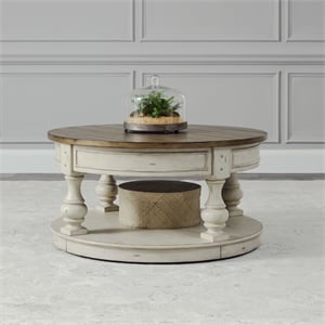 Pemberly Row Round Cocktail Table with Nailhead Accents and Shelf in White