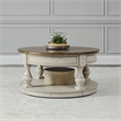 Pemberly Row Round Cocktail Table with Nailhead Accents and Shelf in White