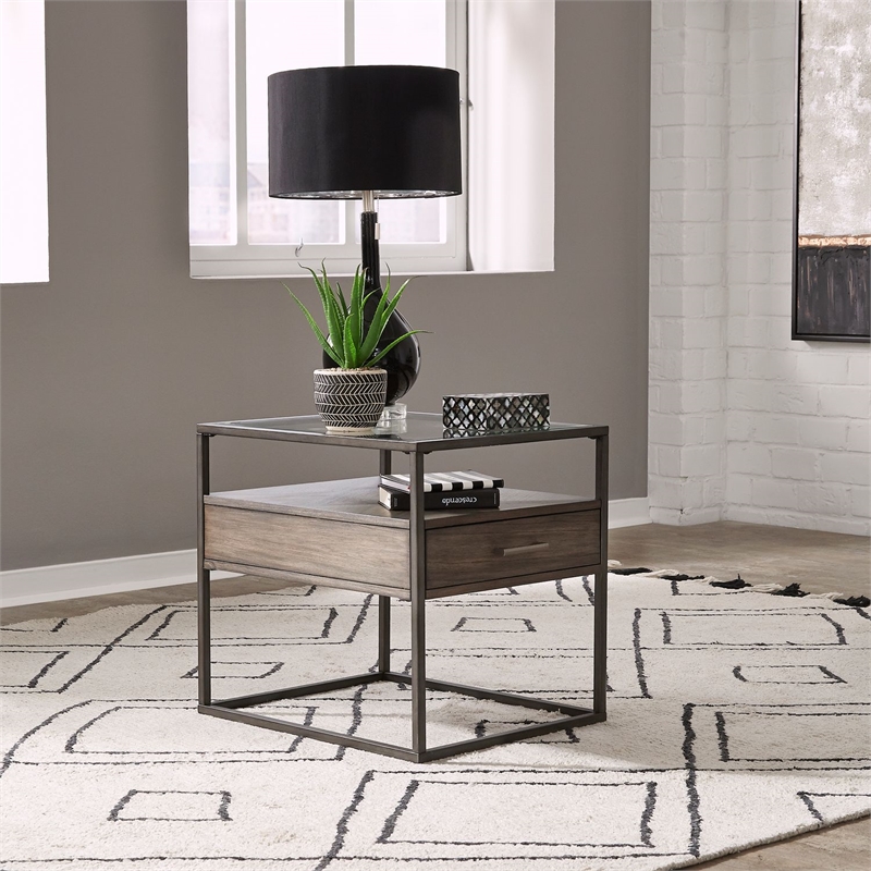 Pemberly Row End Table with Beveled Glass Top and Storage Drawer in Brown