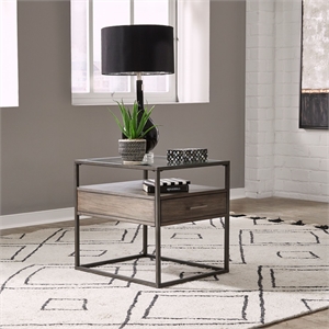 Pemberly Row End Table with Beveled Glass Top and Storage Drawer in Brown