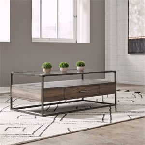 Pemberly Row Rectangular Cocktail Table with Beveled Glass Top in Brown