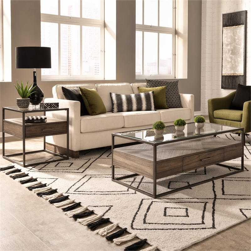 Pemberly Row 3 Piece Cocktail and End Table Set with Glass Tops in Brown