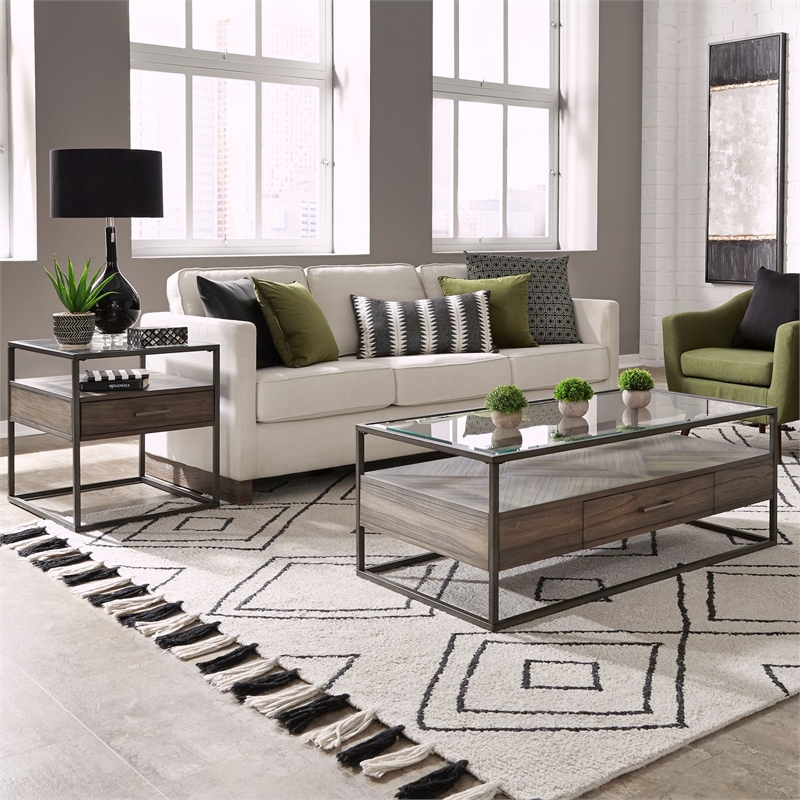 Pemberly Row 3 Piece Cocktail and End Table Set with Glass Tops in Brown