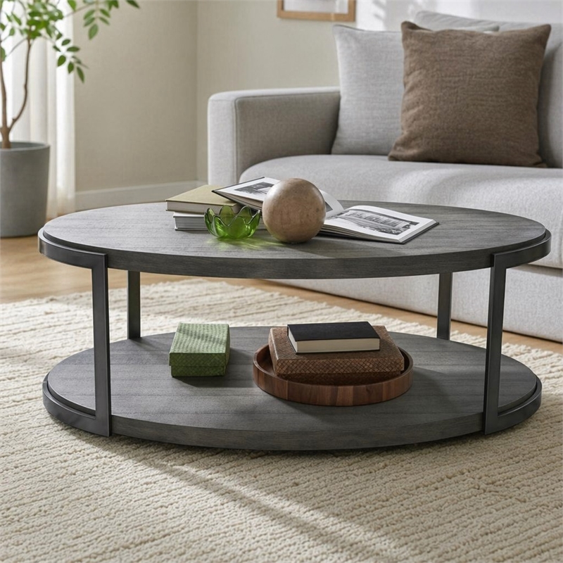 Pemberly Row Oval Cocktail Table with Casters and Metal Legs in Gauntlet Gray