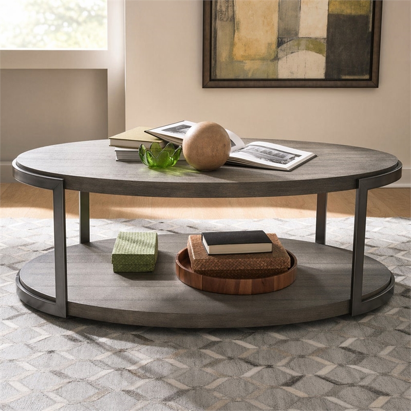 Pemberly Row Oval Cocktail Table with Casters and Metal Legs in Gauntlet Gray