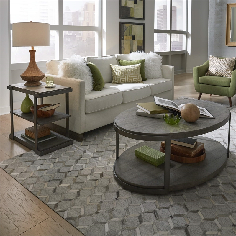 Pemberly Row 3 Piece Oval Cocktail and Tiered End Table Set in Gray