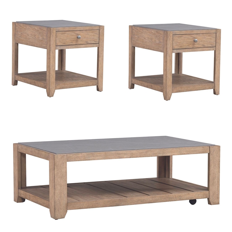 Pemberly Row 3 Piece Cocktail and End Table Set with Tile Inserts in Brown