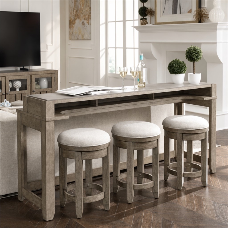 Pemberly Row 4 Piece Console Bar Table Set with Swivel Stools in Brown