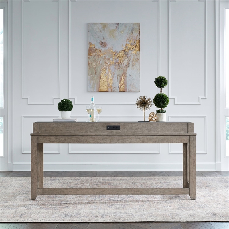 Pemberly Row Console Bar Table with Tile Top and Charging in Nutmeg Oak Wood