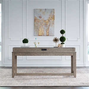 Pemberly Row Console Bar Table with Tile Top and Charging in Nutmeg Oak Wood