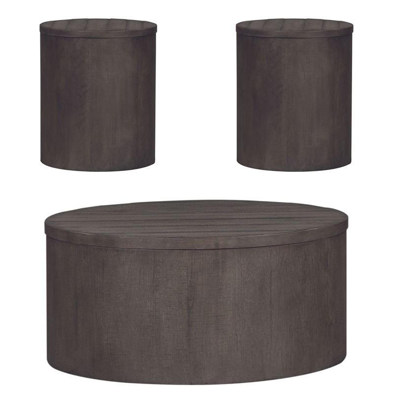 Pemberly Row 3 Piece Drum Cocktail and End Table Set with Casters in Gray