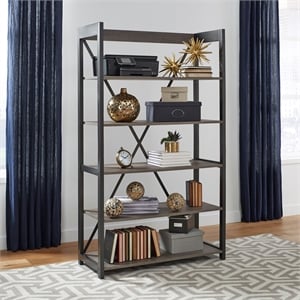 Pemberly Row 72 Inch Bookcase with Floating Shelves and X Accent in Gray