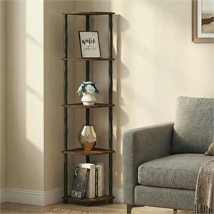 Pemberly Row 5-Tier Corner Bookshelf with Anti-Tip Hardware in Amber Pine