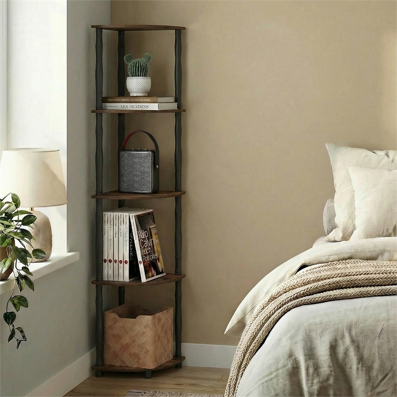 Pemberly Row 5-Tier Corner Bookshelf with Anti-Tip Hardware in Amber Pine
