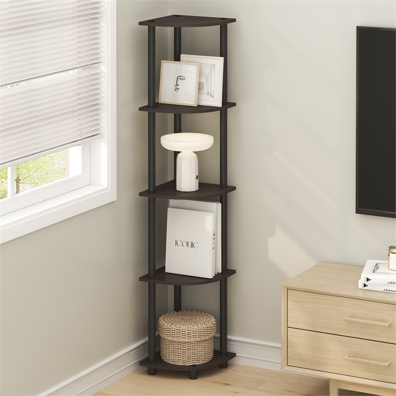 Pemberly Row 5-Tier Corner Bookshelf Tool-Free Assembly in Dark Mocha
