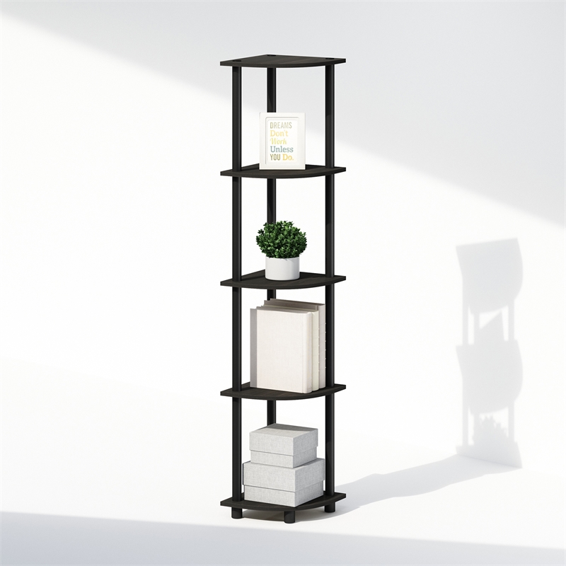 Pemberly Row 5-Tier Corner Open Storage Bookshelf in Black Espresso