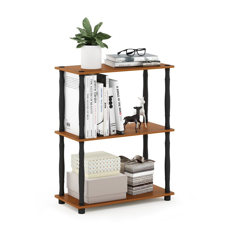 Pemberly Row Wood 3-Tier Shelf Display Rack in Light Cherry/Black