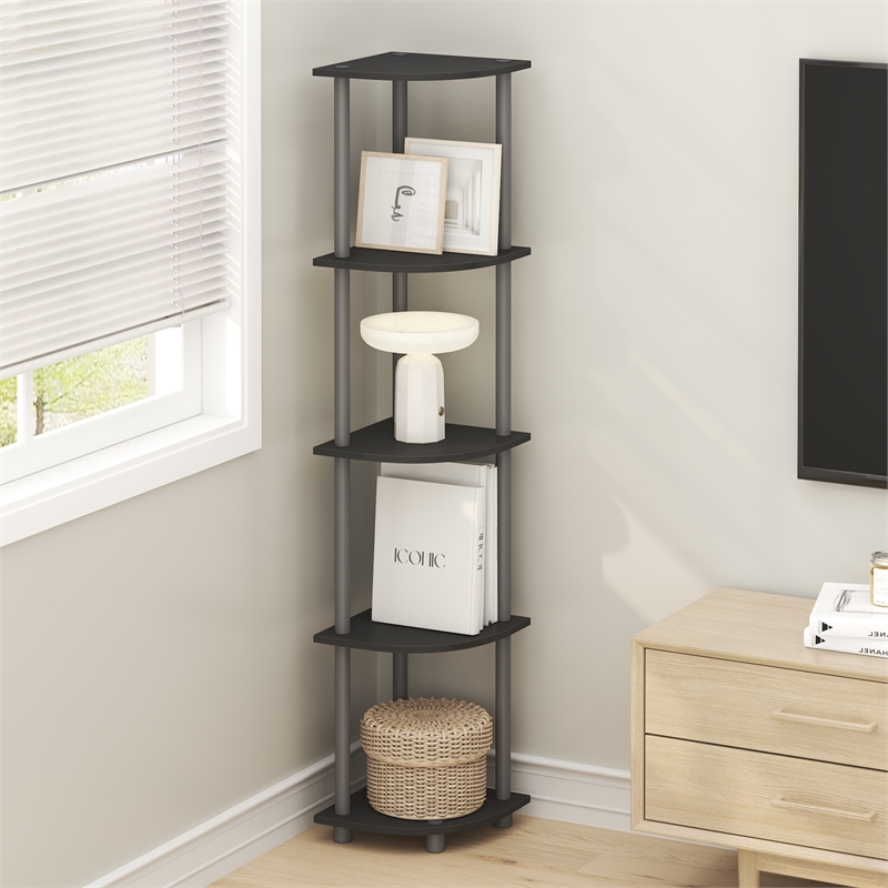 Pemberly Row 5-Tier Corner Bookshelf Tool-Free Assembly in Plain Black