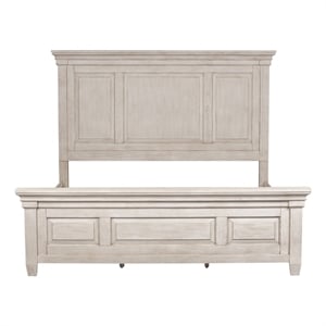 Pemberly Row Antique White King Panel Bed with Heavy Crown and Tapered Feet