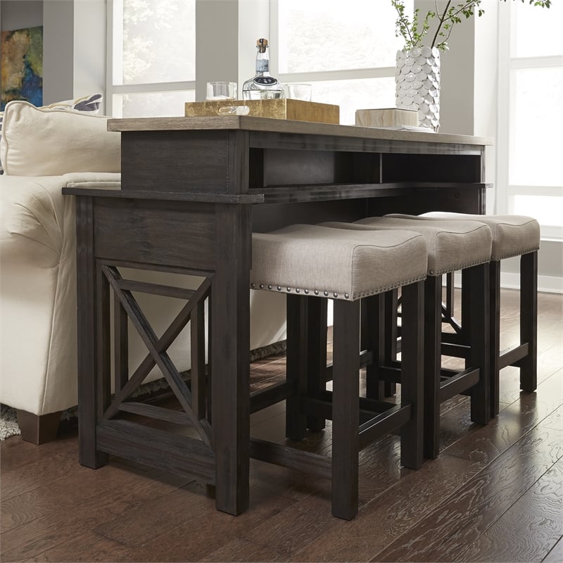 Pemberly Row Black Console Bar Table with Charcoal and Ash Finish Accents