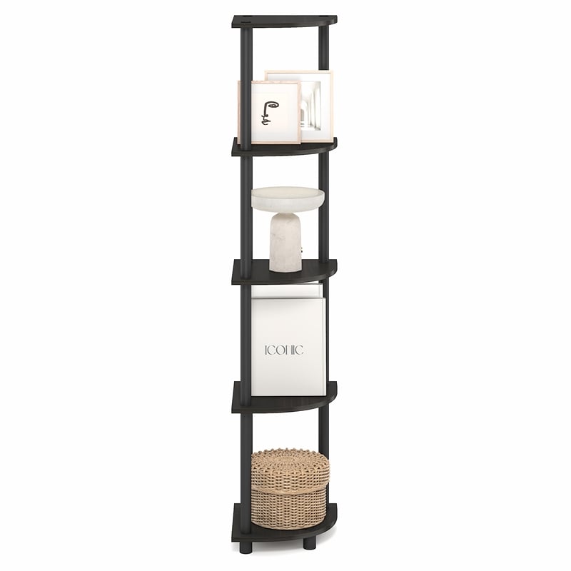 Pemberly Row 5 Tier Corner Bookshelf with Tool-Free Assembly in Black Espresso
