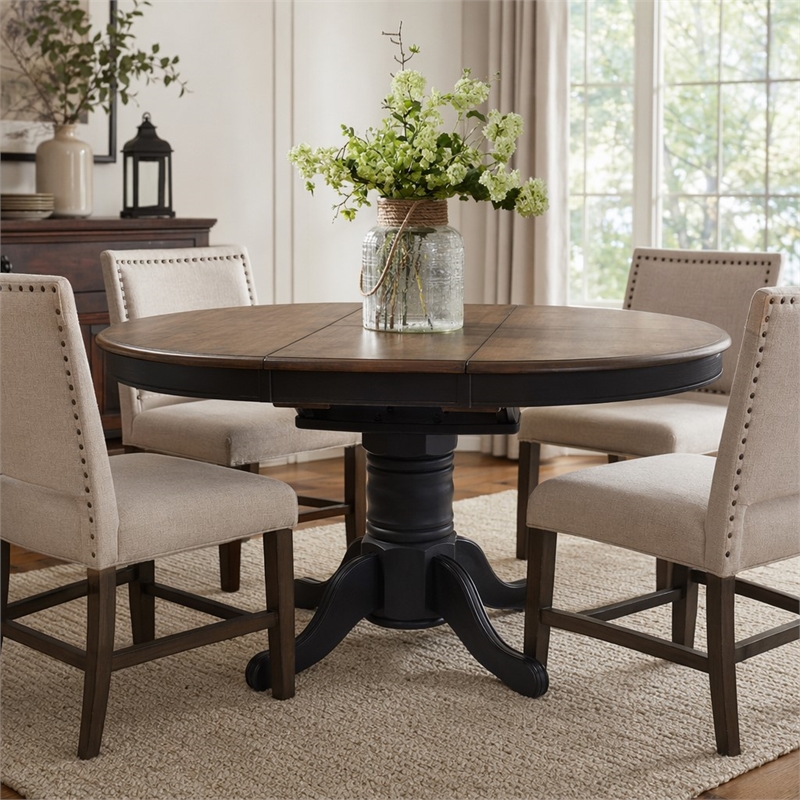 Pemberly Row Black Pedestal Table Set with Butterfly Leaf and Spindle Chairs