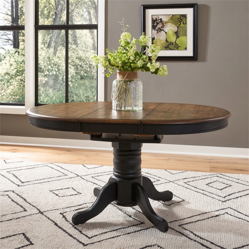Pemberly Row Black Pedestal Table Set with Butterfly Leaf and Spindle Chairs