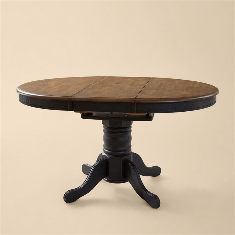 Pemberly Row Black Pedestal Table Set with Butterfly Leaf and Spindle Chairs