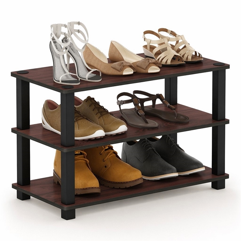 Pemberly Row 3-Tier Shoe Rack Organizer Storage in Cherry Oak