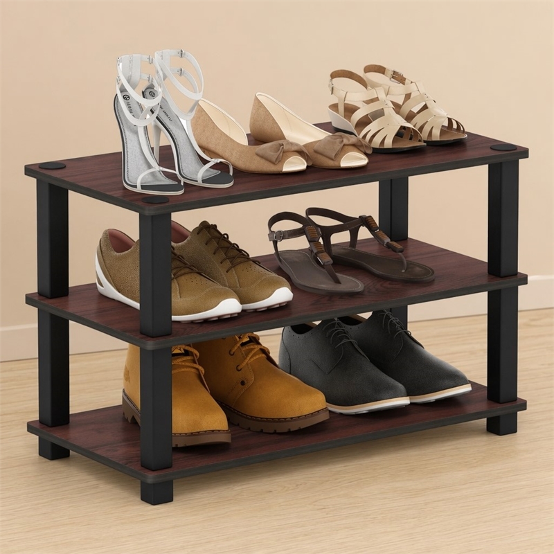 Pemberly Row 3-Tier Shoe Rack Organizer Storage in Cherry Oak