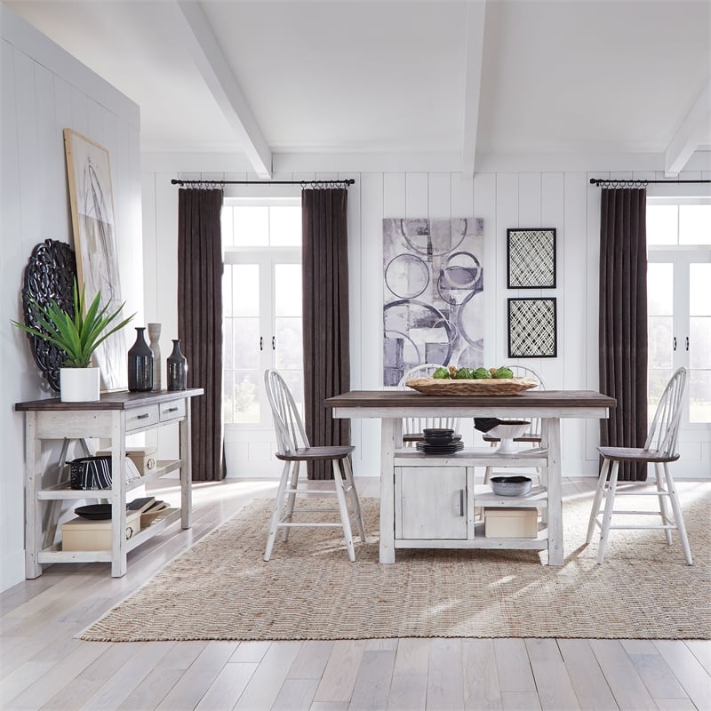 Pemberly Row Farmhouse White 5-Piece Gathering Table Set with Storage