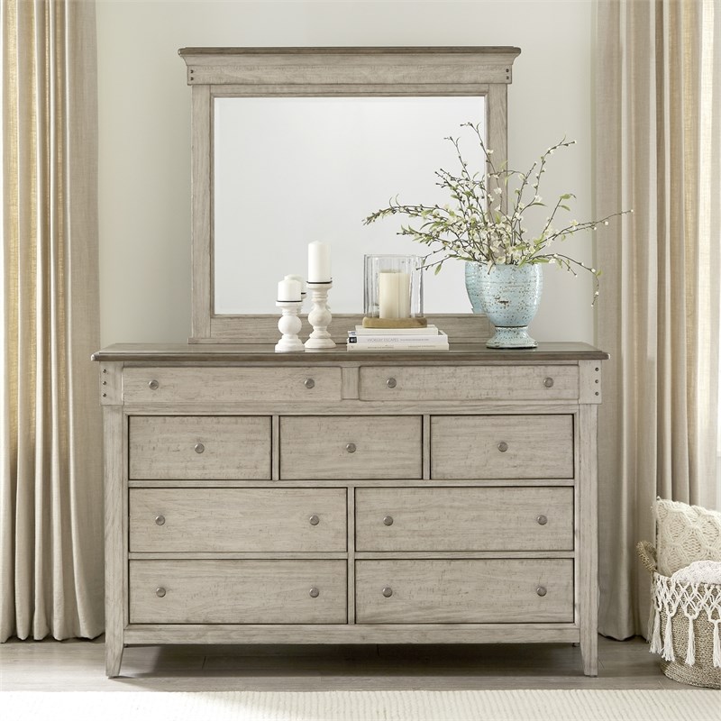 Pemberly Row Dresser and Mirror in Weathered Linen with Felt Lined Drawers