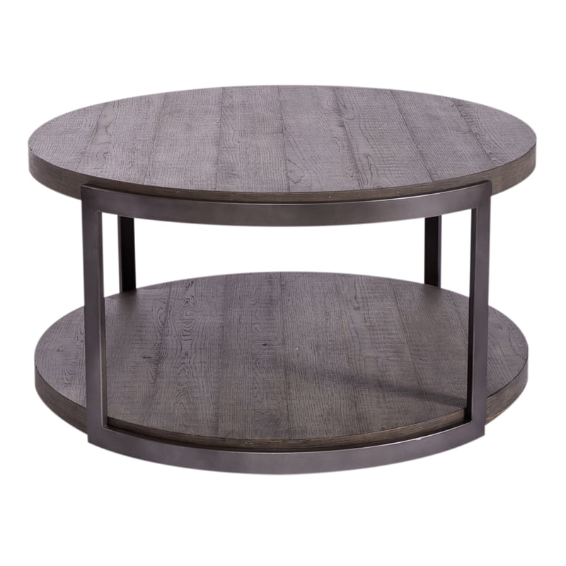 Pemberly Row Round Cocktail Table with Wirebrush Distressing in Gray