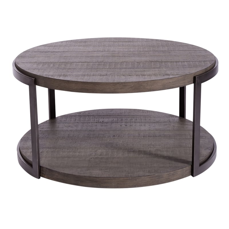 Pemberly Row Round Cocktail Table with Wirebrush Distressing in Gray