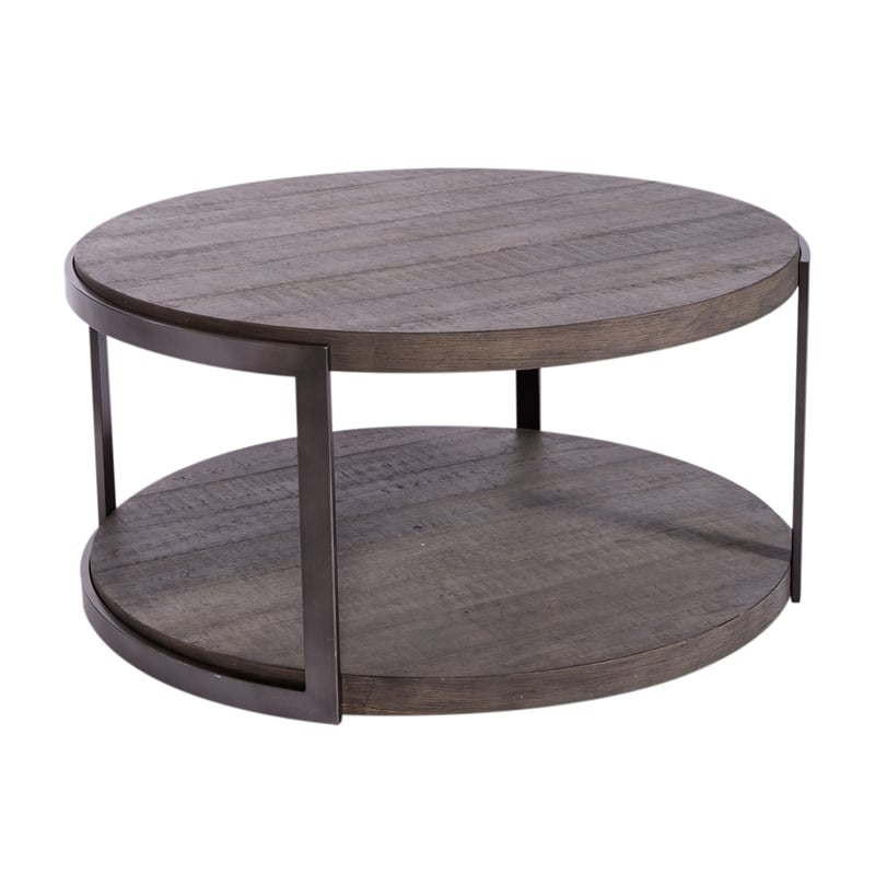 Pemberly Row Round Cocktail Table with Wirebrush Distressing in Gray