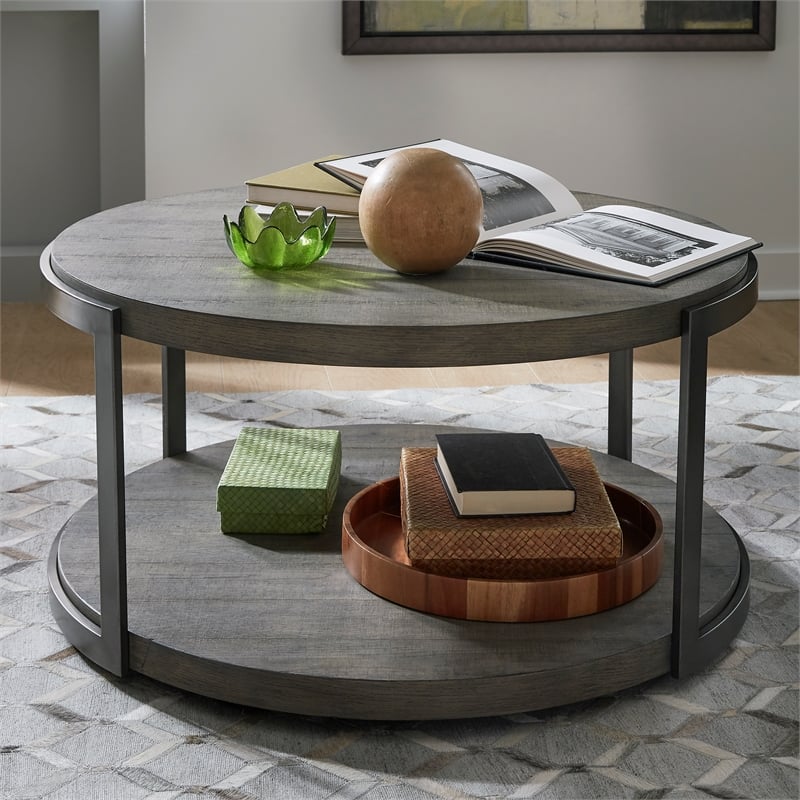 Pemberly Row Round Cocktail Table with Wirebrush Distressing in Gray