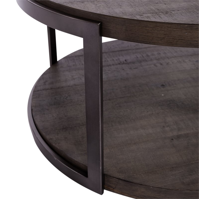 Pemberly Row Round Cocktail Table with Wirebrush Distressing in Gray